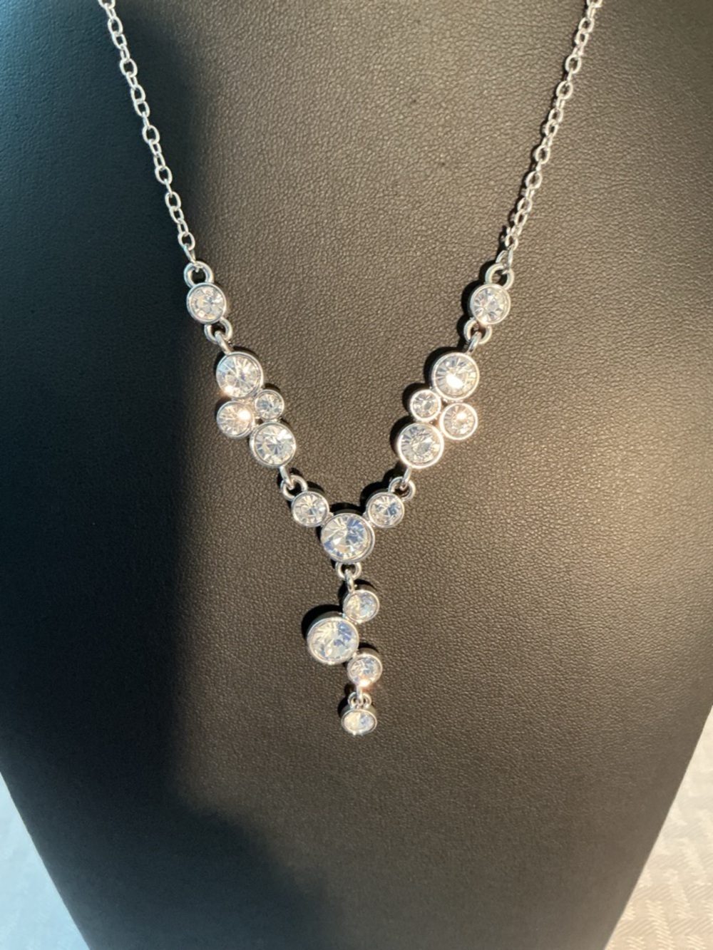 Rhinestone “Y” Cluster Silver Tone Necklace